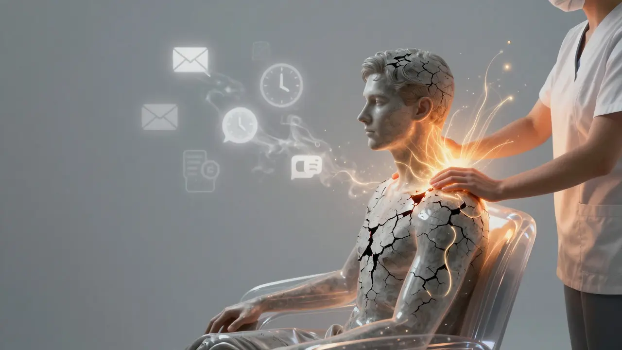 Surreal image of tension dissolving from shoulders as golden energy flows from therapist's hands.