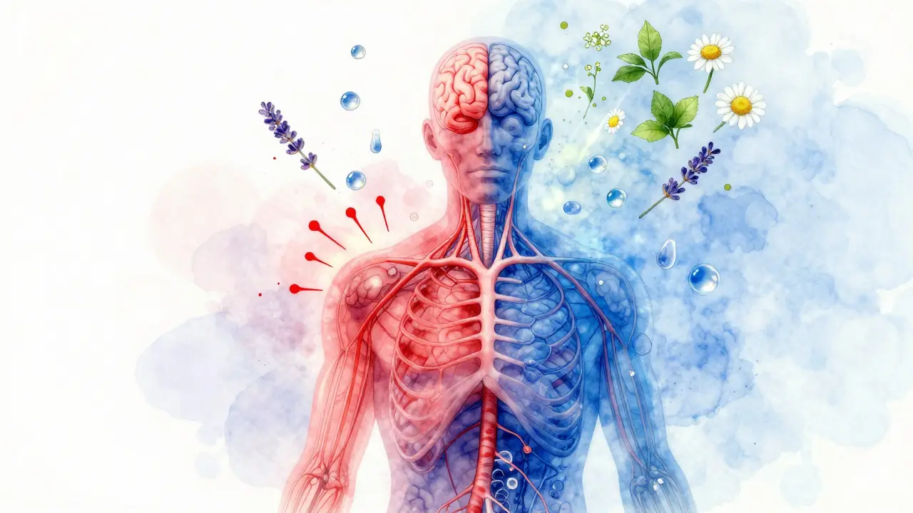 Translucent human silhouette showing stress and calm nervous system activity with floating essential oil molecules.