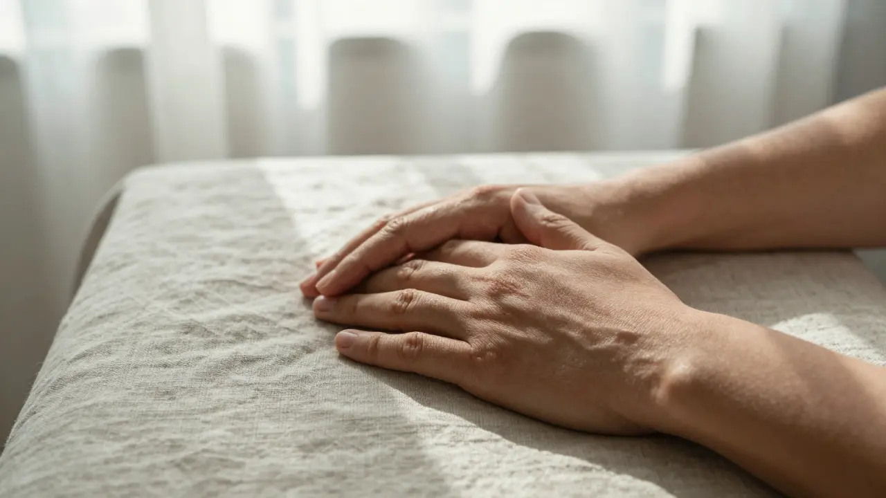 Two hands resting together on a linen sheet, symbolizing trust and quiet emotional connection during a therapeutic touch session.