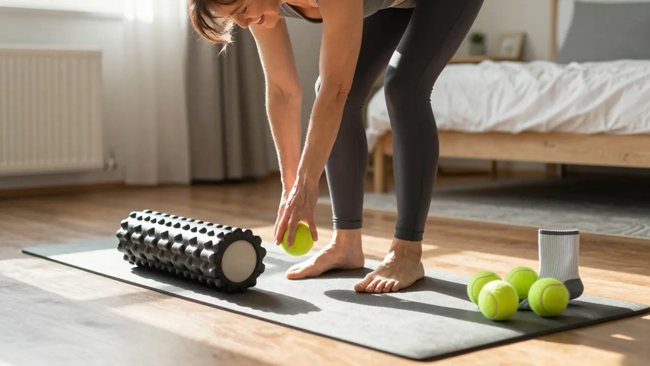 Woman using a tennis ball to release fascia in her glute at home, surrounded by self-care tools.