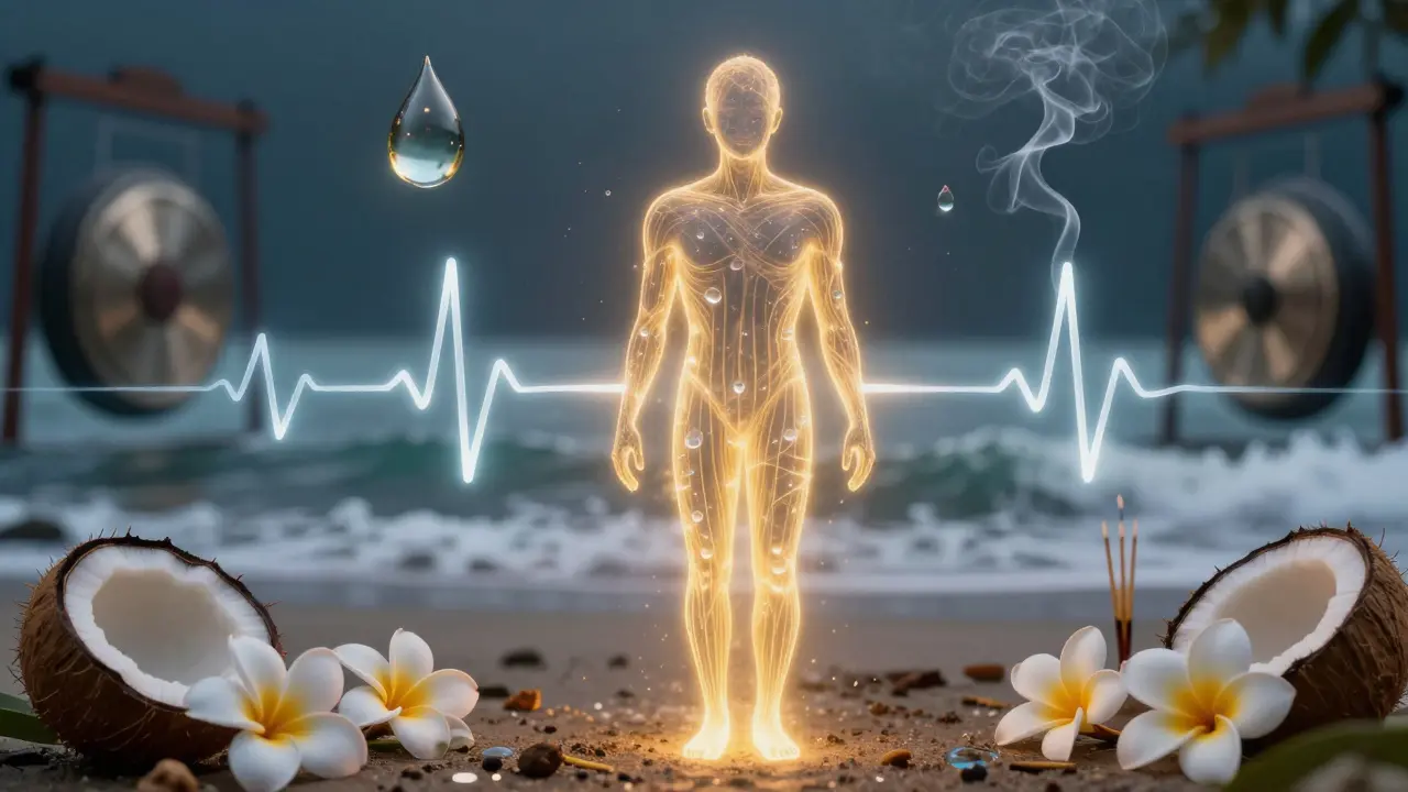A glowing human silhouette with energy lines, overlaid with herbal oils, flowers, and ocean waves, symbolizing Balinese healing.