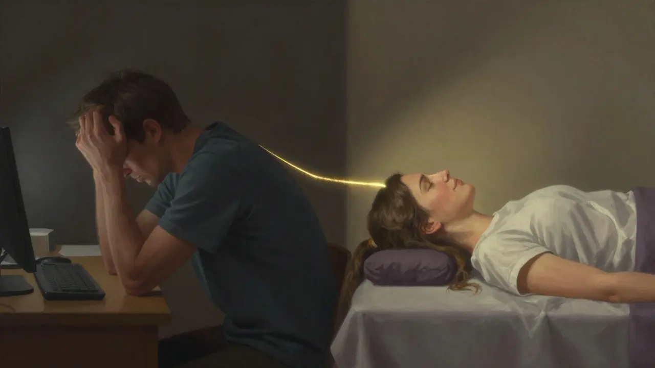 A person transformed from stress to calm: one side shows tension and shadow, the other shows peace and soft light, connected by a golden thread.