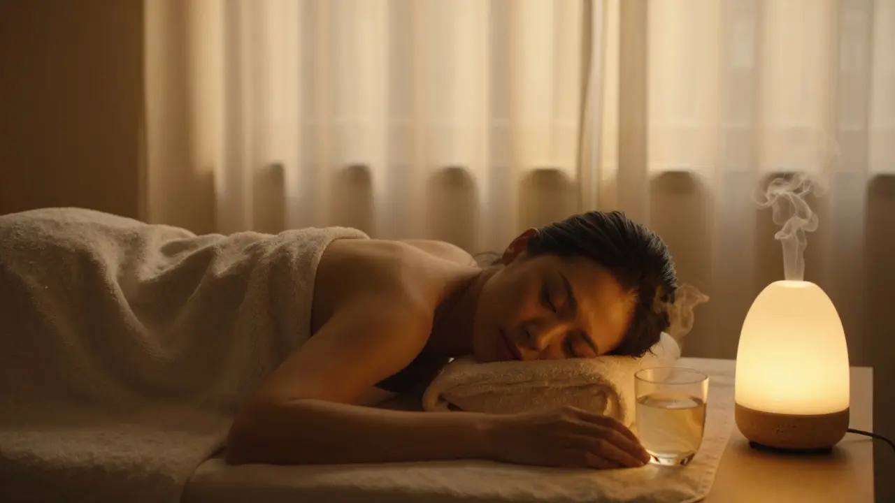 A relaxed person resting after a massage, wrapped in a towel with a cup of water nearby.