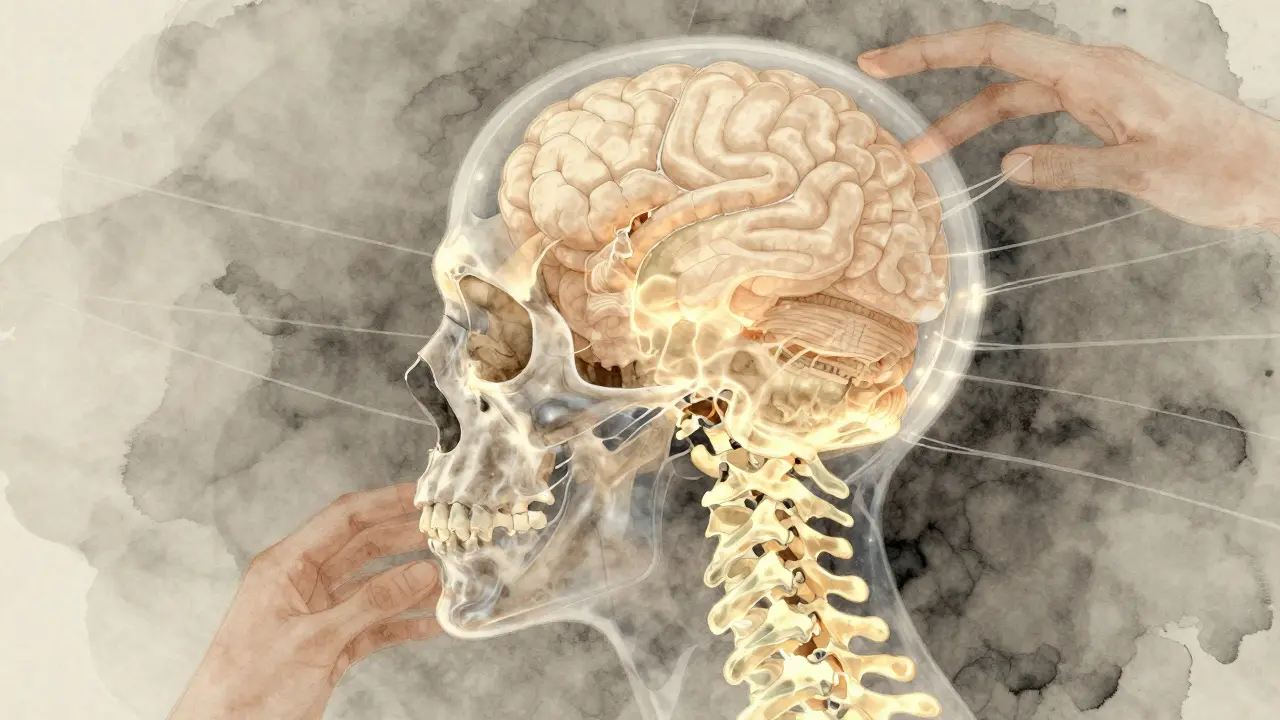 An artistic depiction of cerebrospinal fluid flowing smoothly through the skull and spine, with tension dissolving into light.