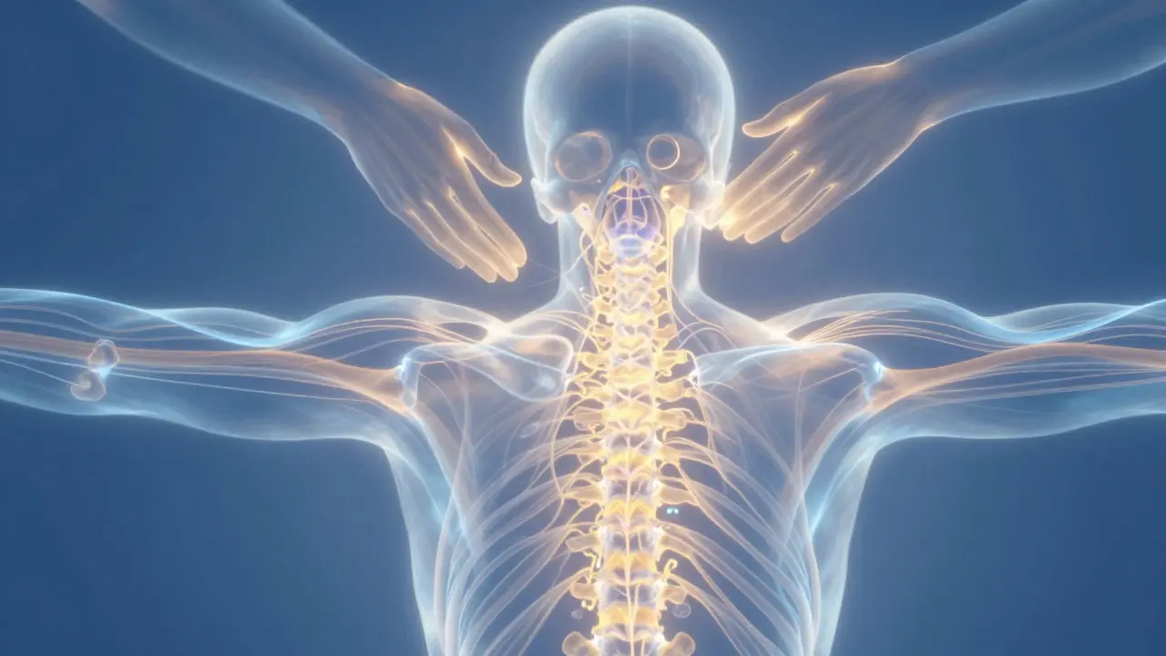 An ethereal visualization of craniosacral rhythm as glowing fluid flowing through the skull and spine, with subtle light pulses indicating balance.