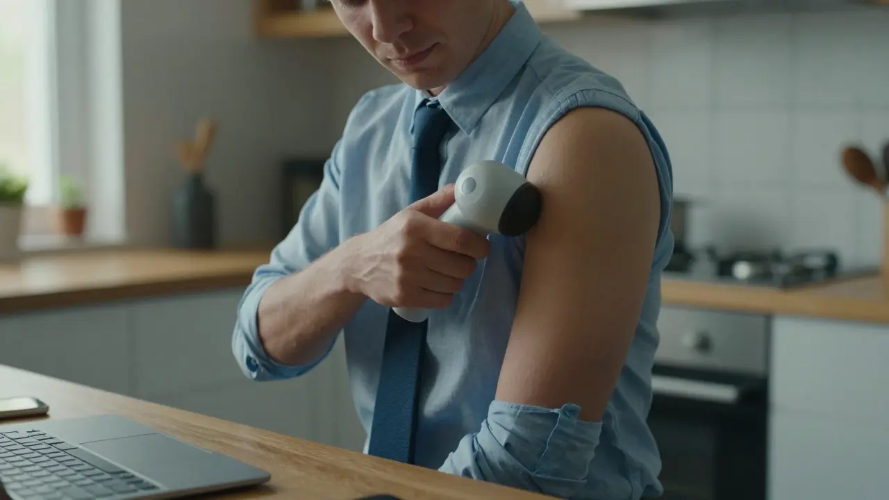 An office worker gently applying percussion therapy to shoulder muscles in a warm, home-lit setting.