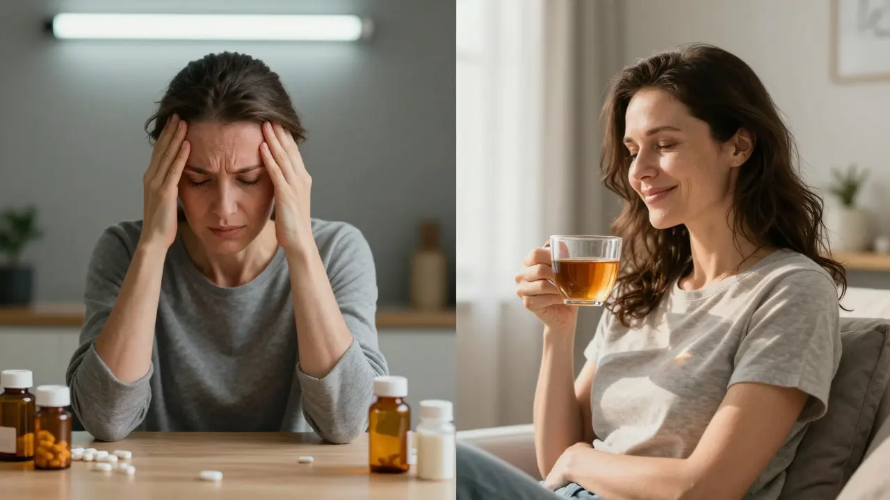Before and after: one side shows a woman in migraine pain with pills, the other shows her relaxed and peaceful after therapy.