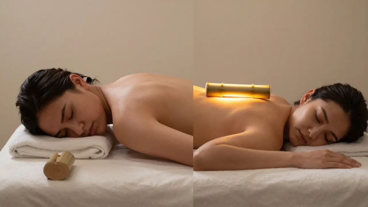 Before-and-after: tense person at desk vs. relaxed person receiving bamboo massage.