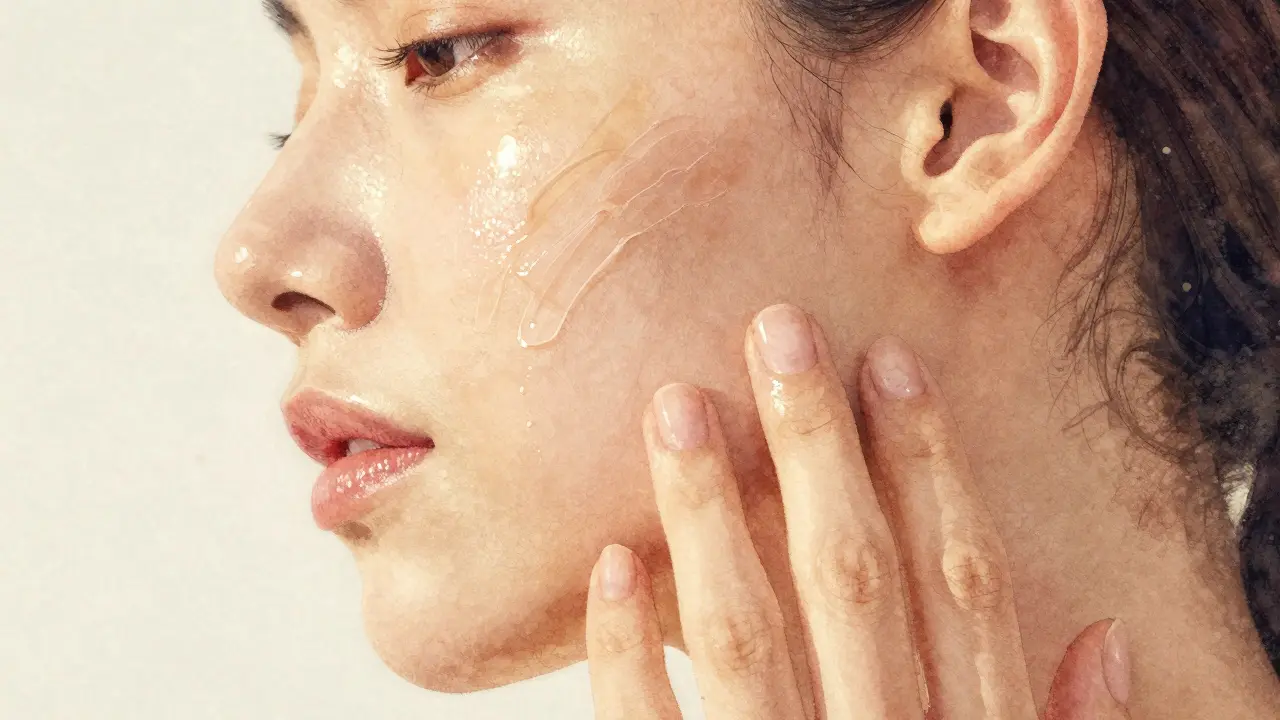 Gentle facial massage technique showing upward motions on cheek area.