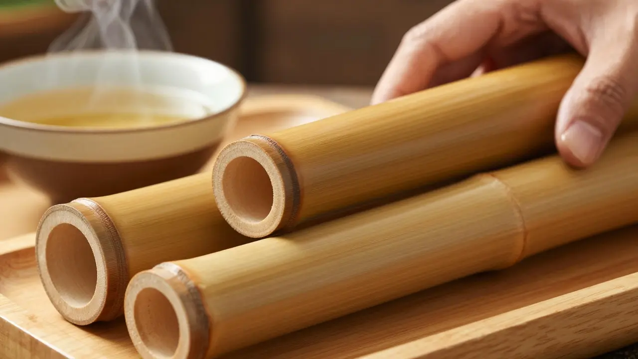 Three sizes of smooth, polished bamboo rods resting on wood tray beside warm water.
