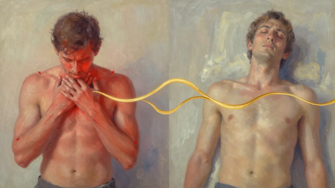 A person transformed from tense to relaxed, with pain replaced by flowing energy waves.