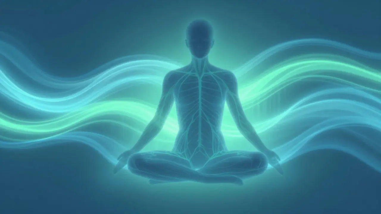 Abstract figure surrounded by calming blue light streams.