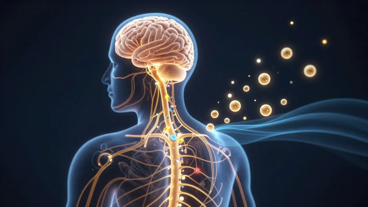 Abstract illustration of neural and hormonal changes during chair massage, with glowing pathways and molecules.