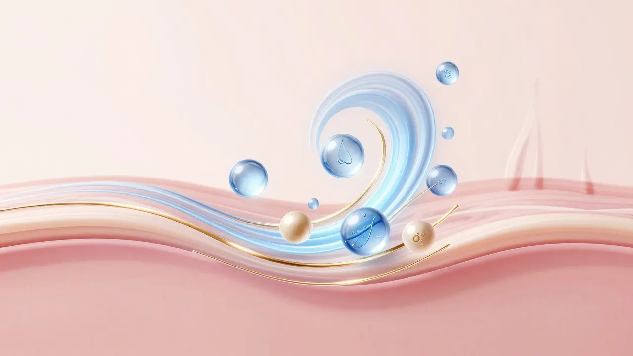 Abstract representation of snail mucin components—glycolic acid, hyaluronic acid, elastin—penetrating skin layers with glowing threads.