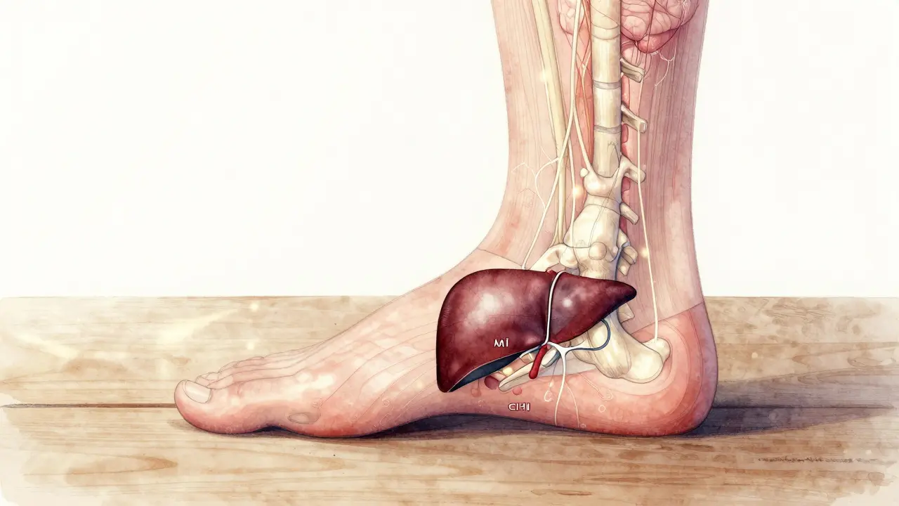 An artistic map of the foot showing pressure points linked to internal organs like the heart, liver, and spine.