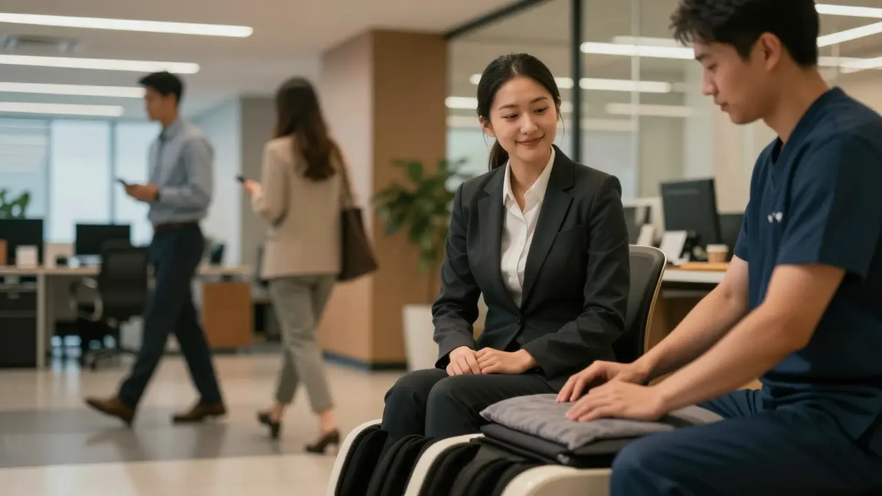 An office worker receiving a chair massage in a busy workplace lobby, fully clothed and at ease.
