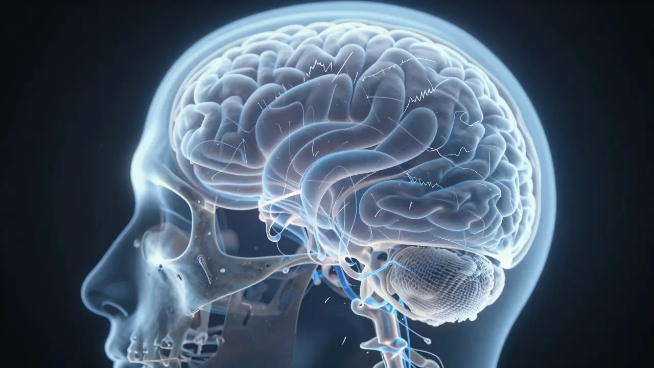 Anatomical view of skull bones with glowing cerebrospinal fluid flowing gently between them.