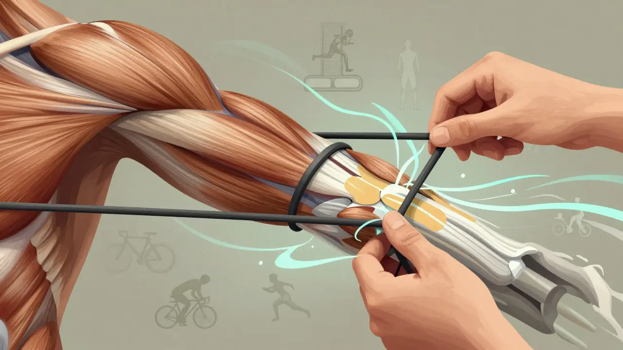 Artistic depiction of muscle fibers as rubber bands being untangled by hands, symbolizing recovery from training stress.