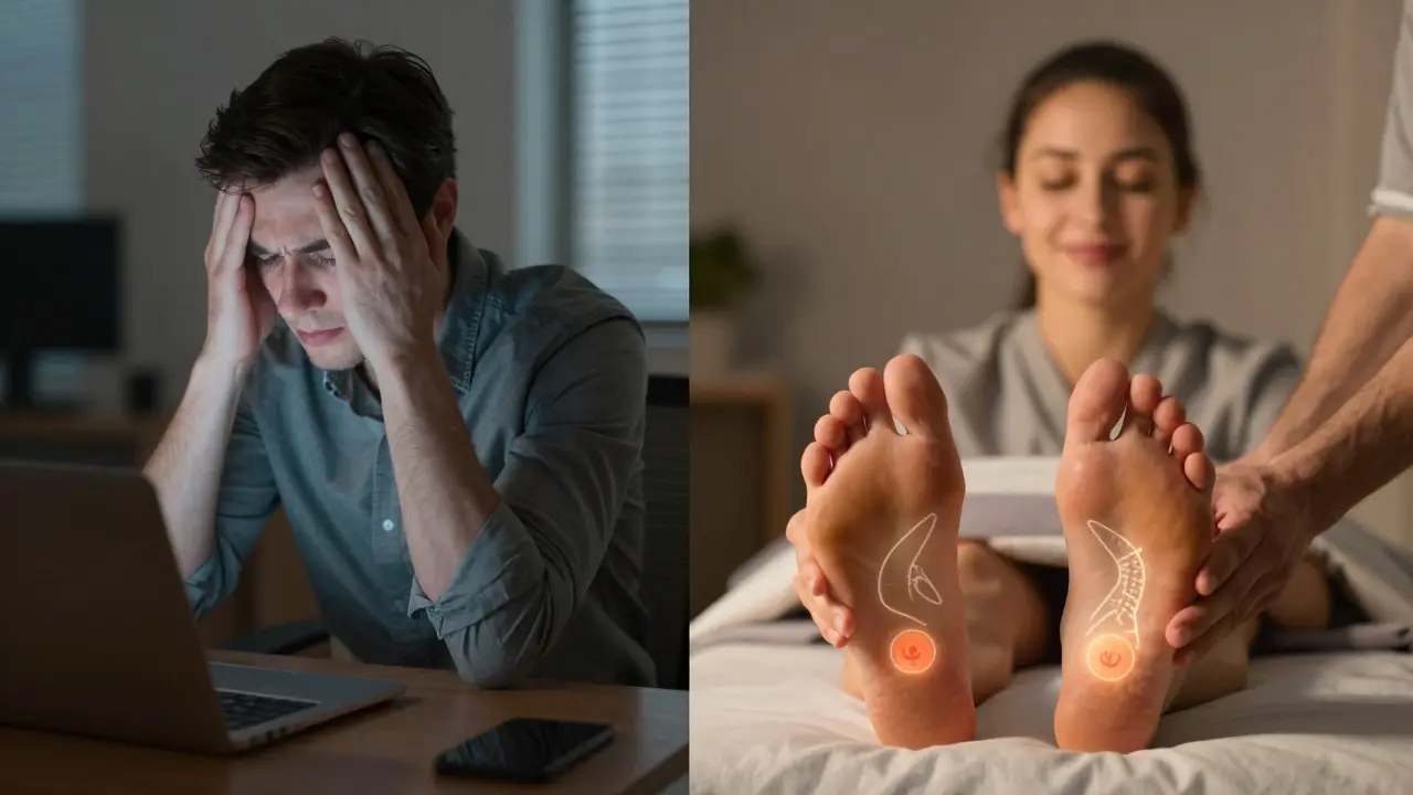 Before and after depiction of a person finding calm through reflexology, transitioning from stress to relaxation.