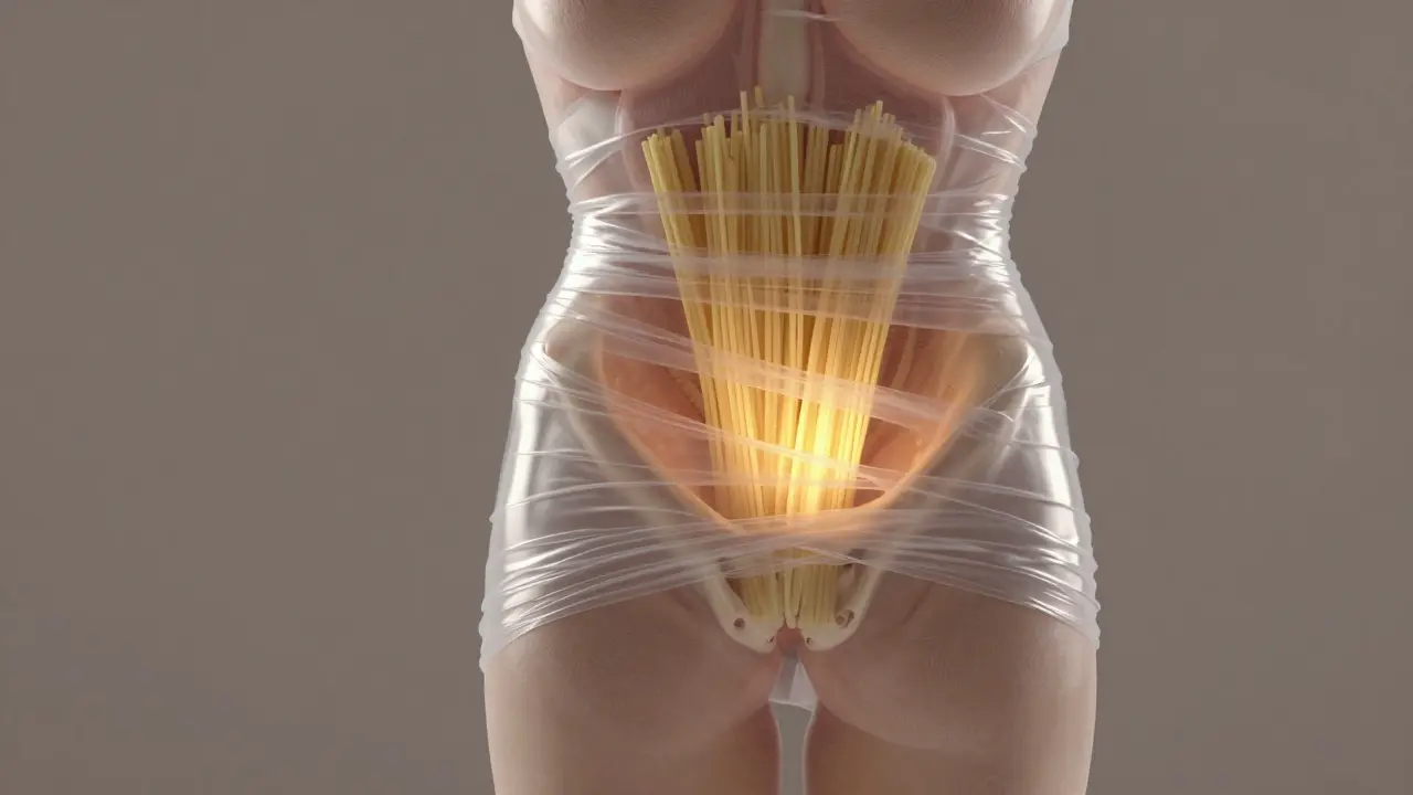 Human body illustrated as spaghetti wrapped in plastic film, showing fascial restriction pulling on surrounding tissue