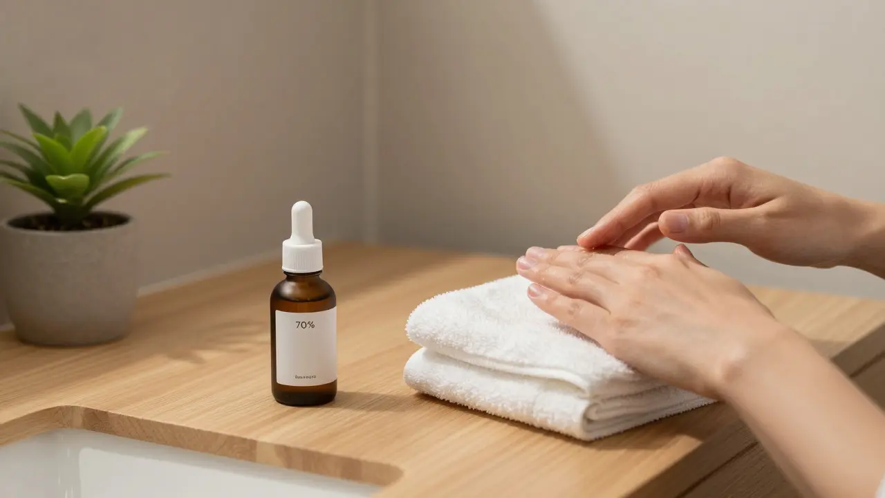 Minimalist morning skincare routine with snail mucin serum applied to neck, natural wood textures, no makeup, calm atmosphere.