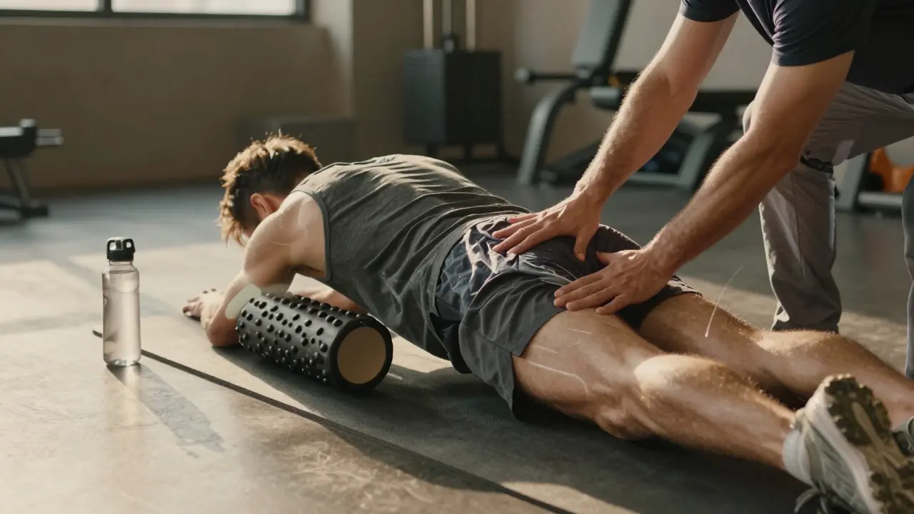 Runner stretching post-workout with subtle overlay of hands massaging hip flexors, conveying weekly recovery maintenance.