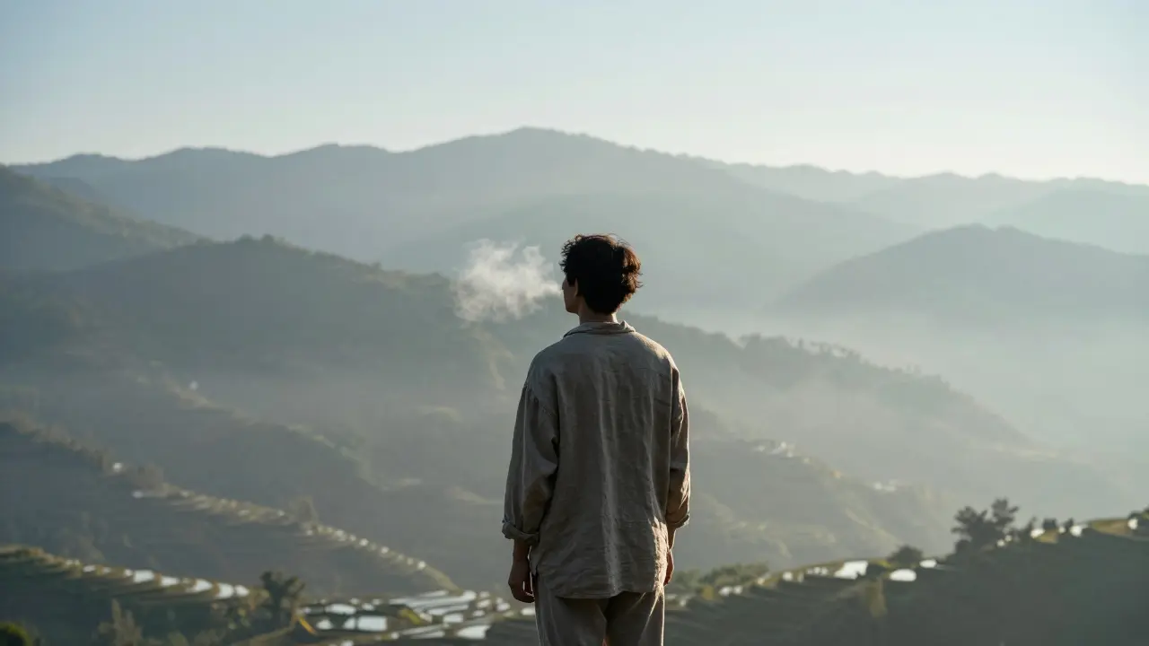 Traveler breathing deeply on a misty mountain overlook.