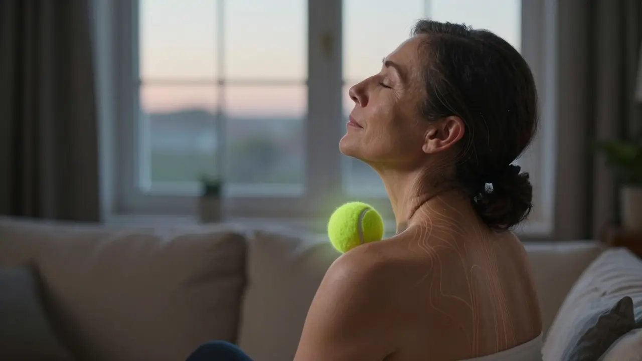 Woman using a tennis ball on her upper back at home to release fascial tension