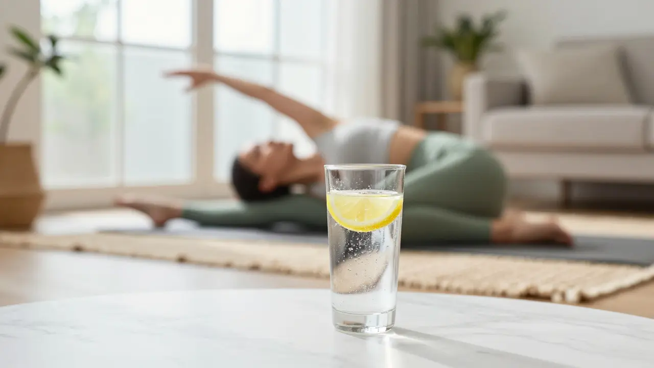 A glass of water and a person stretching in a sunlit room for holistic wellness.