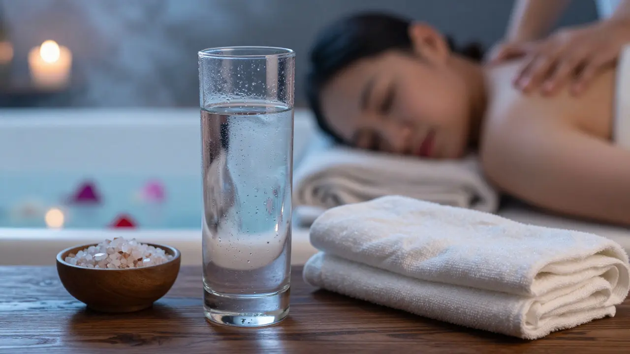 A glass of water and spa accessories next to a relaxing warm bath with flower petals