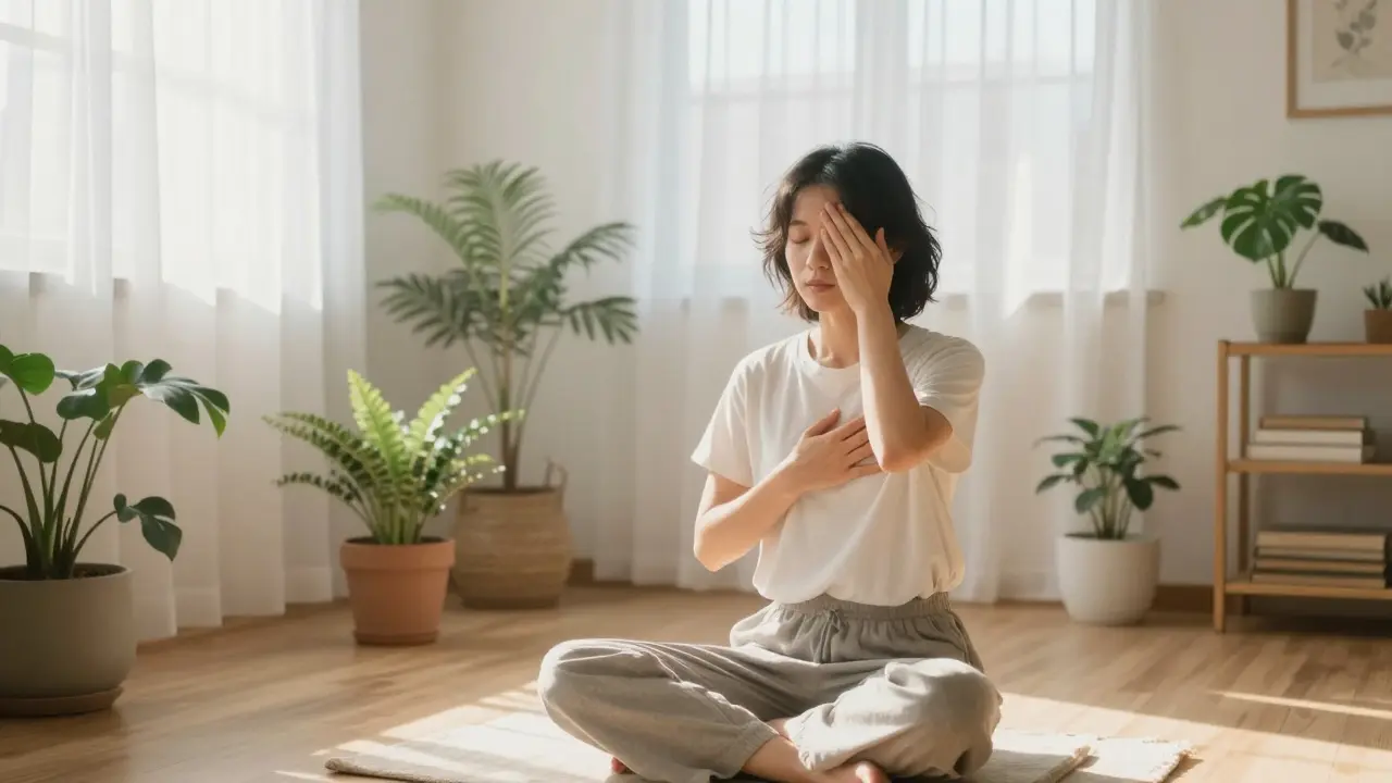 A peaceful person practicing self-Reiki with hands on heart and forehead in a sunlit room.