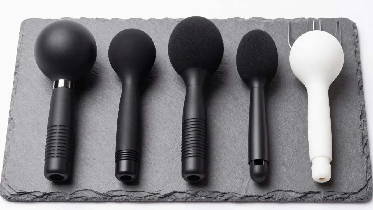 A set of different percussion massage head attachments arranged on a grey background.