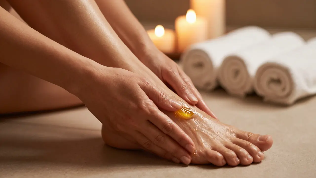 Close-up of a person performing a self-massage on their foot with oil