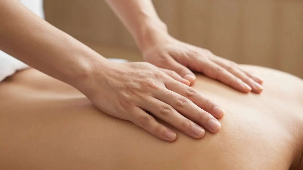 Close-up of a professional hand providing a sensual massage on a person's shoulder.