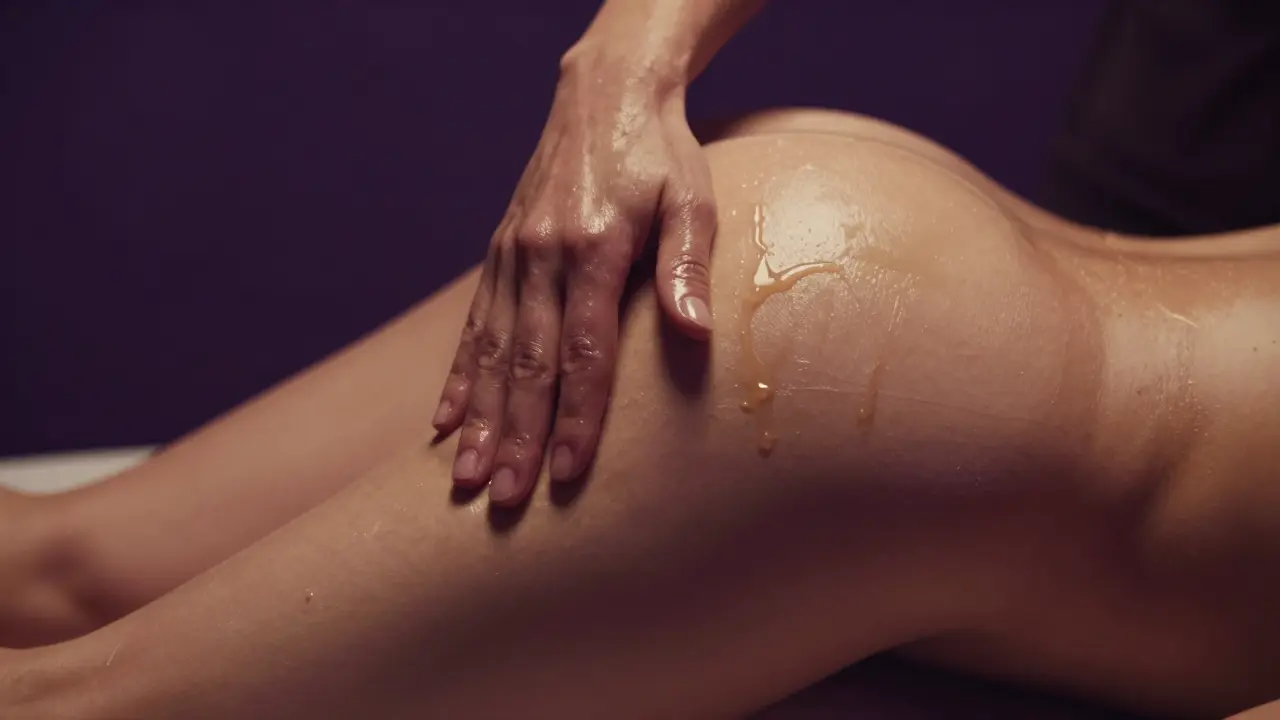 Close-up of hands using massage oil on a thigh with moody, warm lighting
