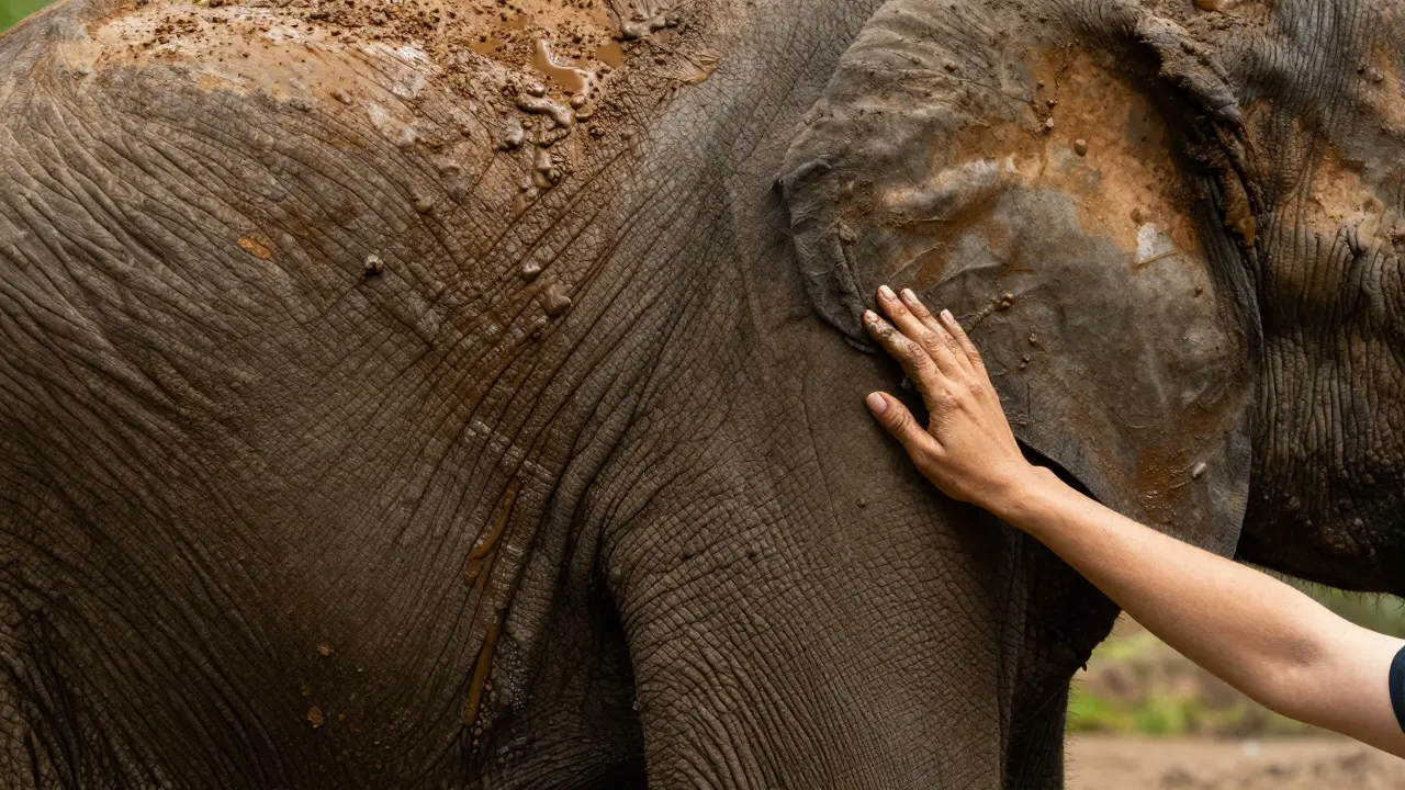 Close-up of rich brown mud being applied to the textured skin of an elephant.
