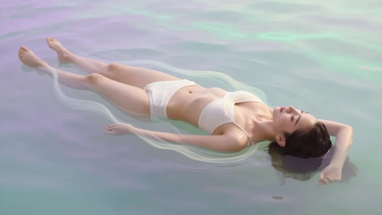 Conceptual image of a person floating in pastel light ribbons symbolizing deep relaxation.