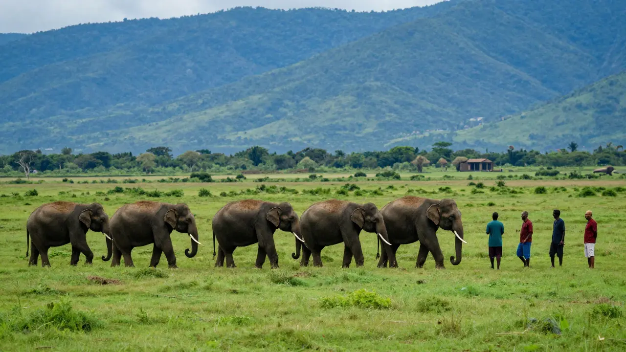 Elephants roaming freely in a vast, green ethical sanctuary landscape.