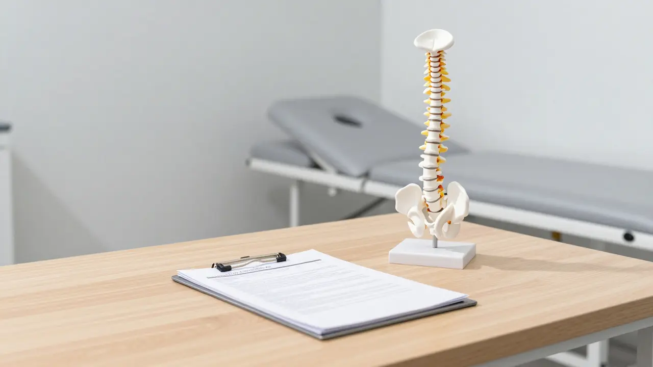 Empty clinical room with medical chart and spine model.