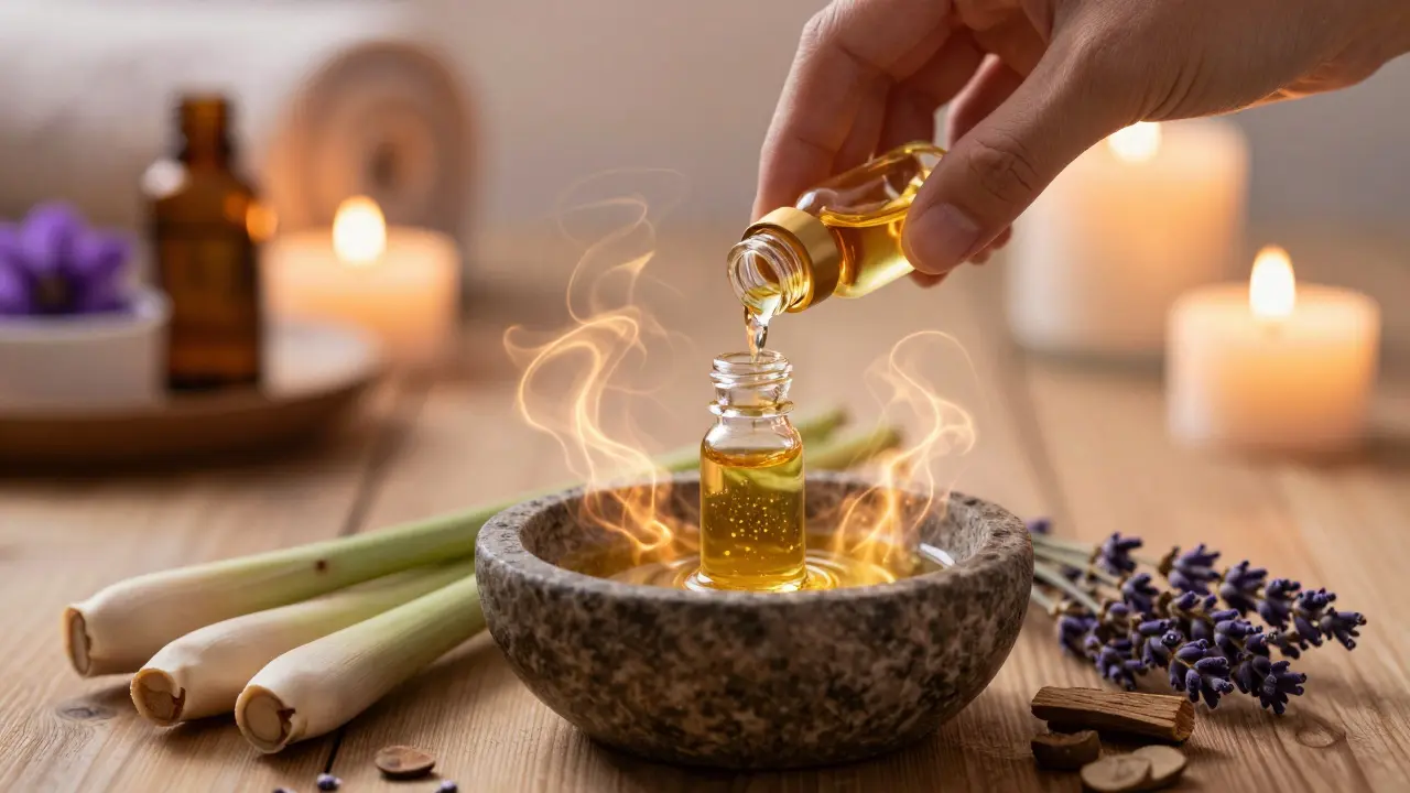 Essential oils and aromatic herbs with glowing golden energy swirls in a spa setting