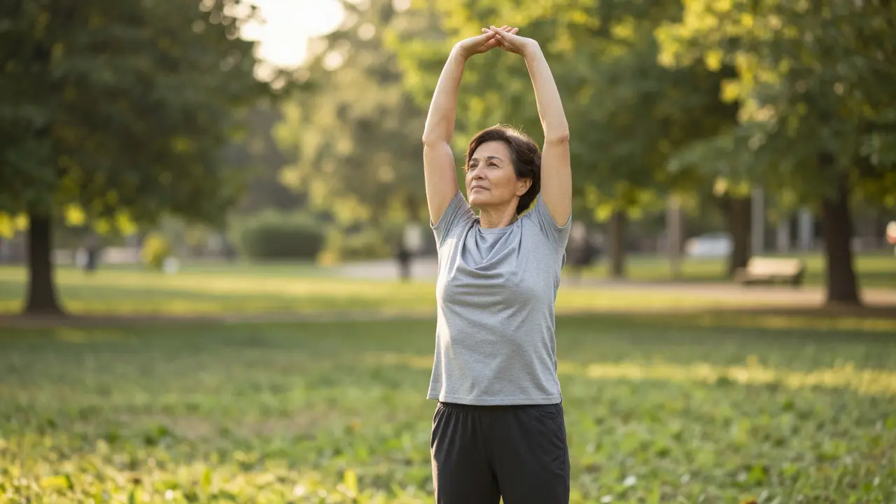Person stretching arms outside to show mobility.