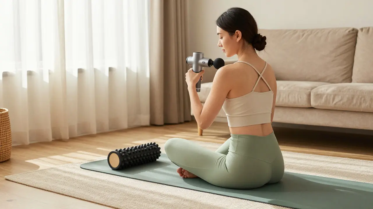 Person using a mini massage gun for shoulder recovery in a bright, cozy home setting.