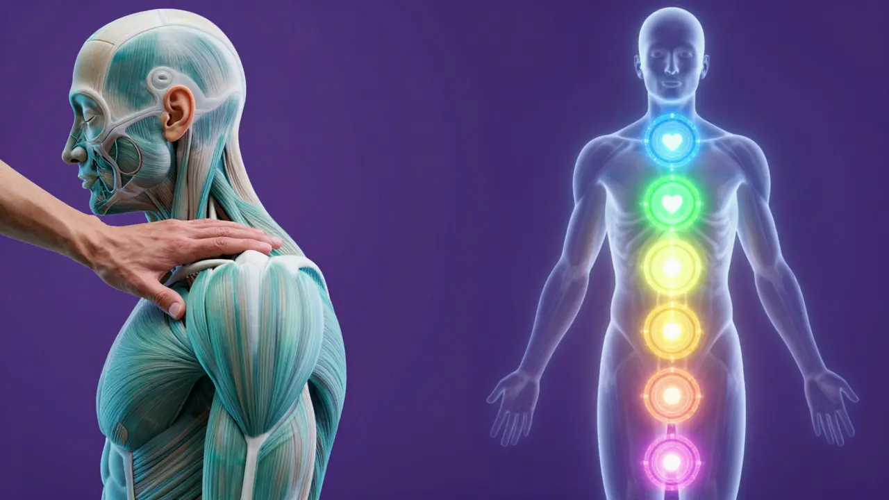 Split view of physical muscle relaxation and glowing spiritual chakra alignment.