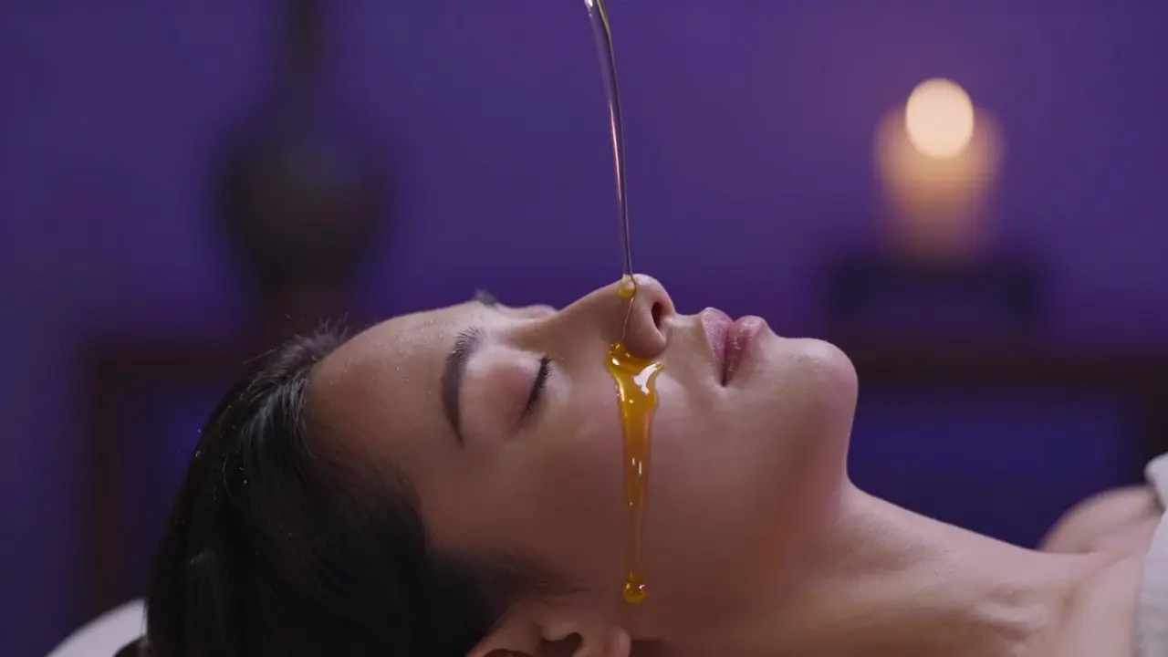 Warm oil being poured on a forehead during a Shirodhara treatment
