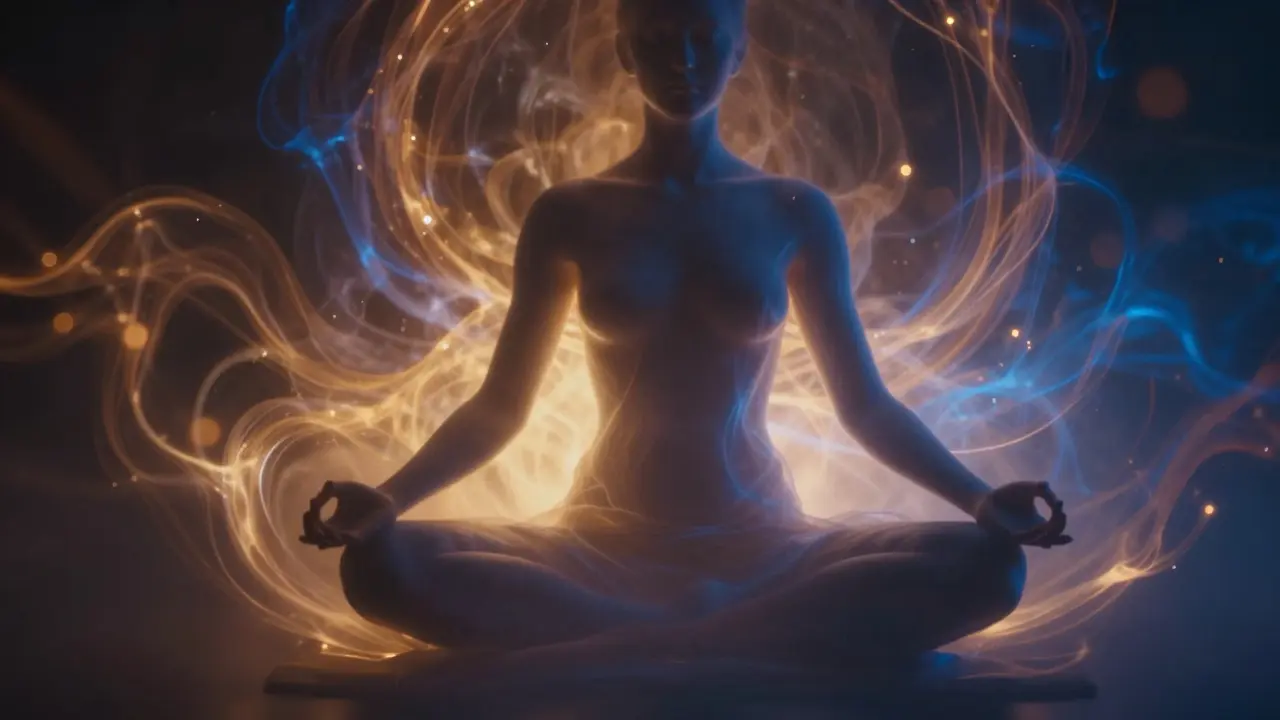 Abstract light swirls around a meditating figure symbolizing energy flow.