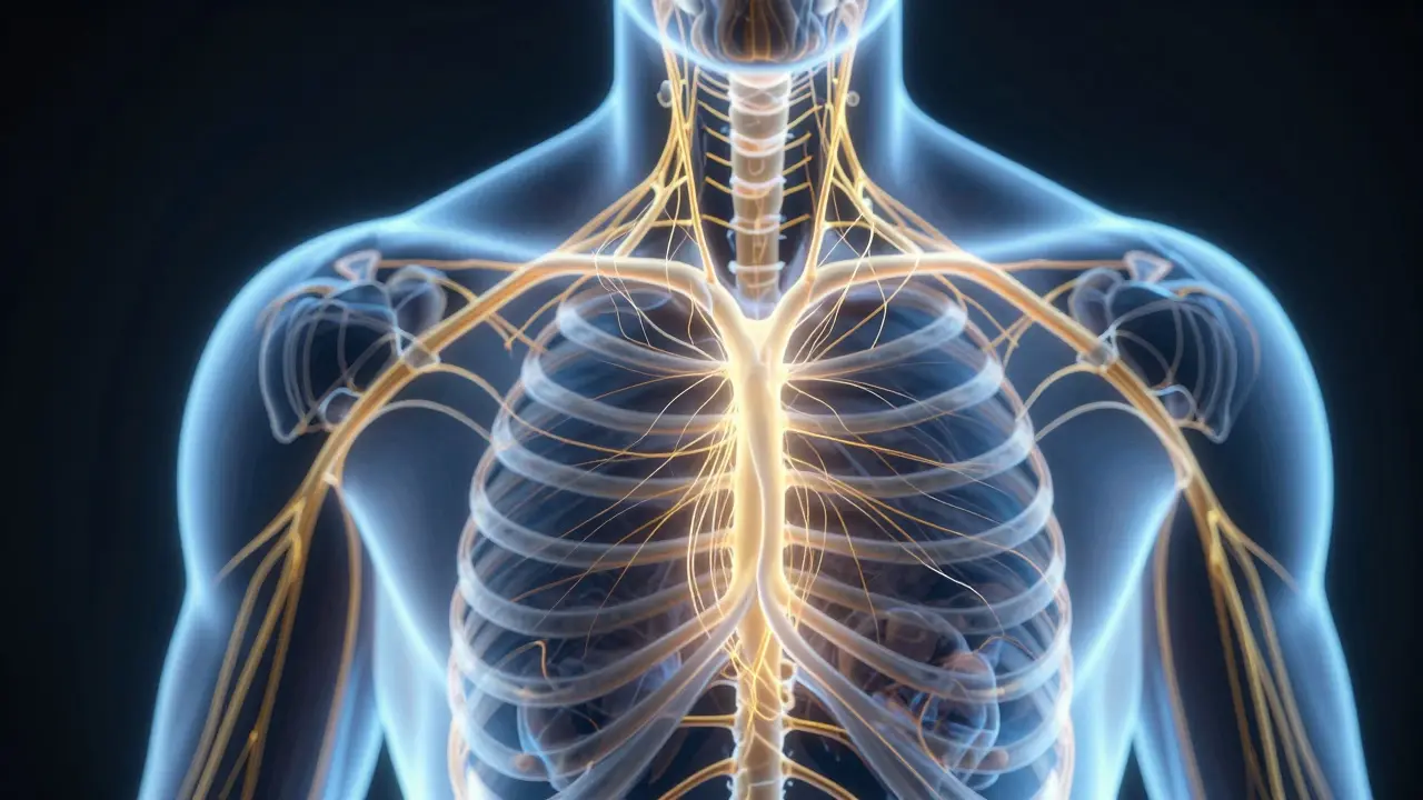 Abstract visualization of fascia and nervous system releasing tension patterns