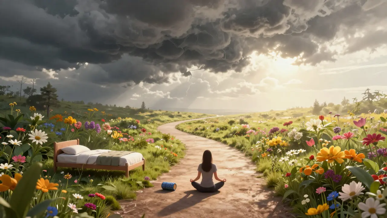 Conceptual art showing a path from storm clouds to a sunny garden