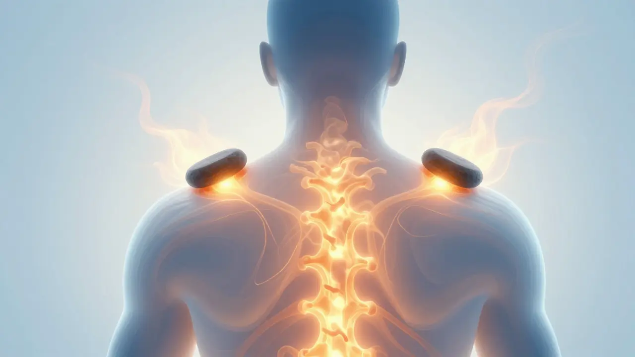 Conceptual art showing heat releasing tension in a human back silhouette