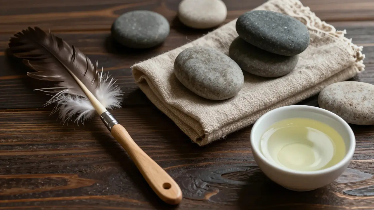 Feather brush and warm stones arranged for sensory massage techniques