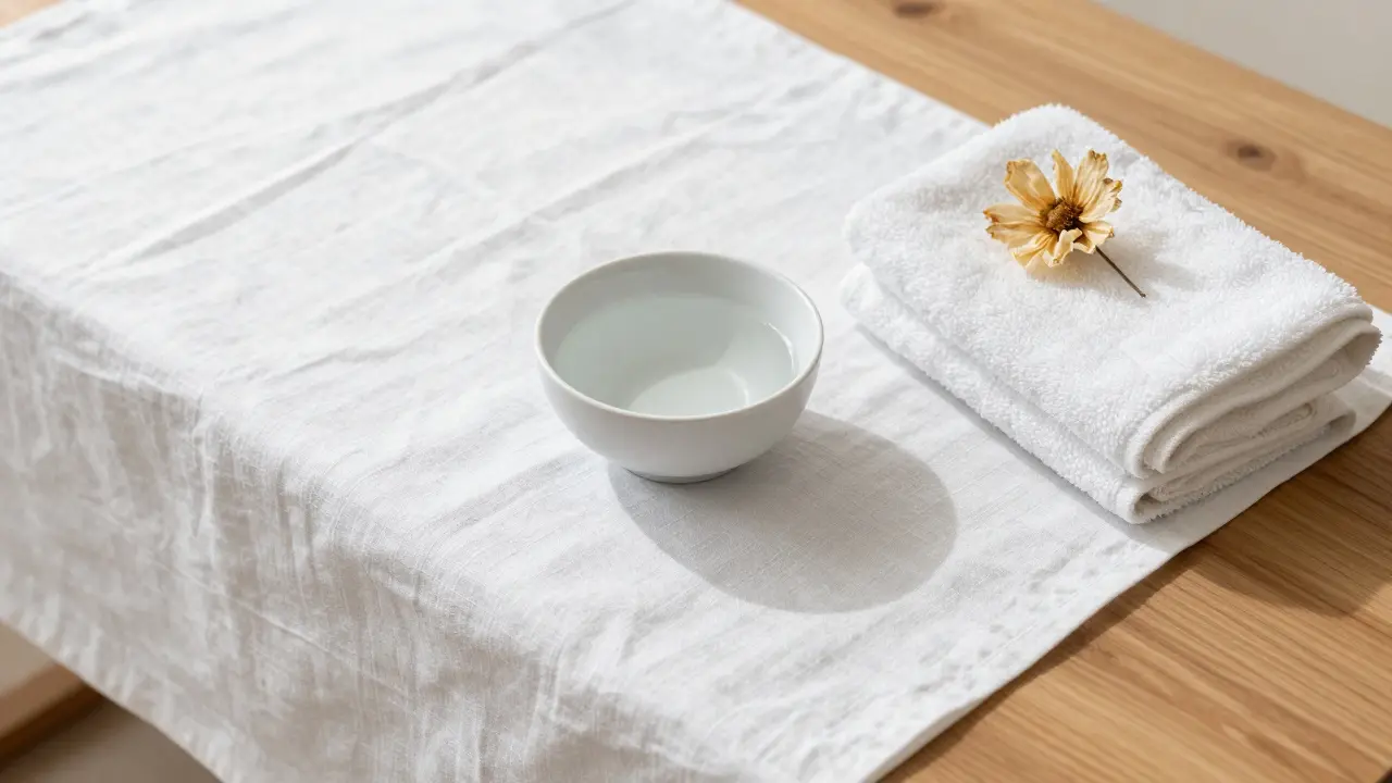Peaceful still life with water, towel, and flower for self-care.
